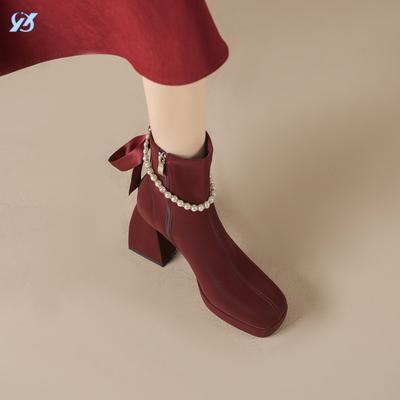 Jin Gang MY толстый каблук квадратный носок челси новая осень и зима бордовый водонепроницаемый стол короткий женский