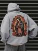 Retro Religious Art Theme Pullover Hoodie Virgin Mary & Rose Vintage Painting Back Print Loose Hip Hop Sport Street Male Top