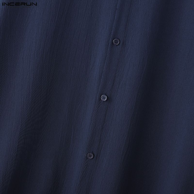 INCERUN Мужские рубашки-туники с отложным воротником, длинными рукавами, пуговицами, неровным подолом и высокими разрезами