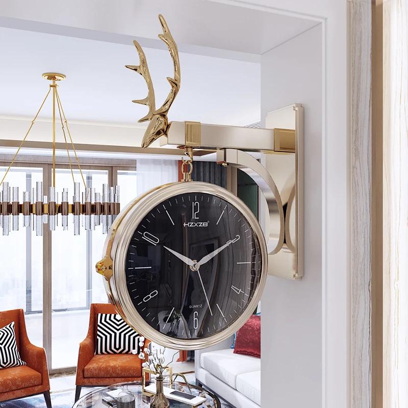 Двусторонние круглые настенные часы с креплением на стену, настенные часы с двойным циферблатом, винтажный ретро-декор для дома, металлическая рамка, стеклянная крышка циферблата