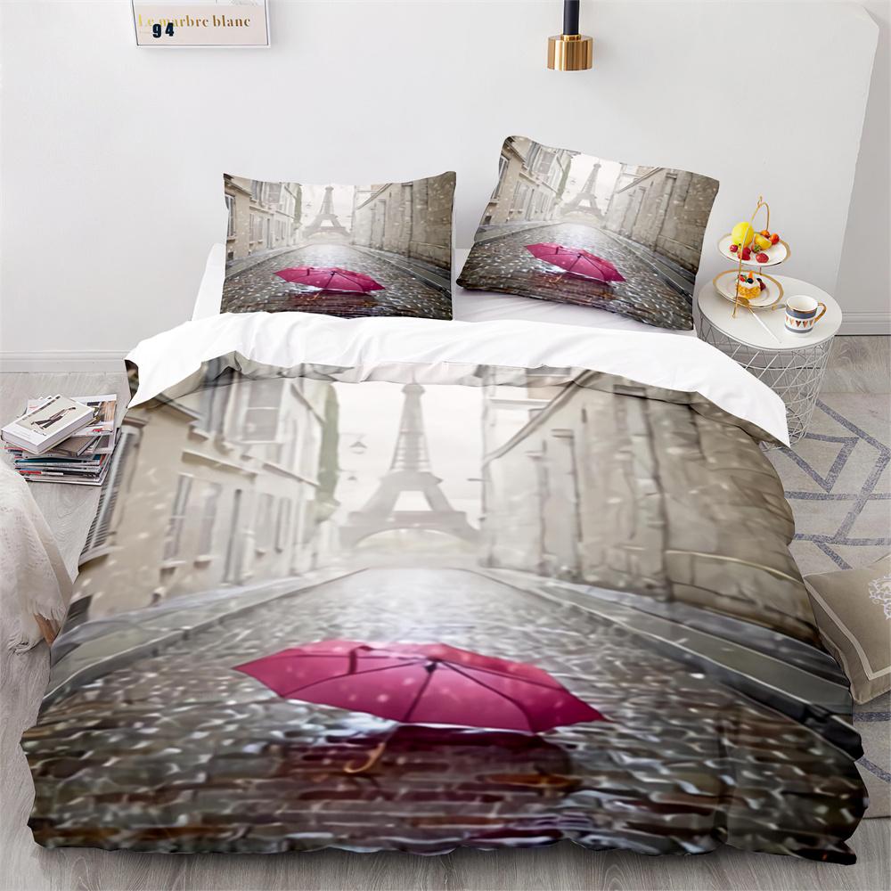 Paris Eiffel Tower Themed Duvet Cover Set City Landscape Sky Cloud Comforter Cover Home Decor Romantic Bedspread Cover King Size