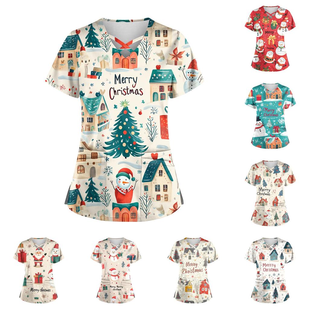 Women's Short Sleeve Stagger V Neck Christmas Print Pocket Dry-nurse Top