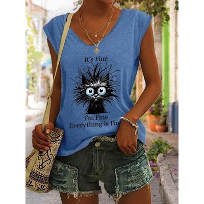 Летняя новая женская футболка с милым котом 3D Фитнес-майка на бретельках Женская мода с V-образным вырезом и коротким рукавом Футболка Женские топы Футболки Kawaii