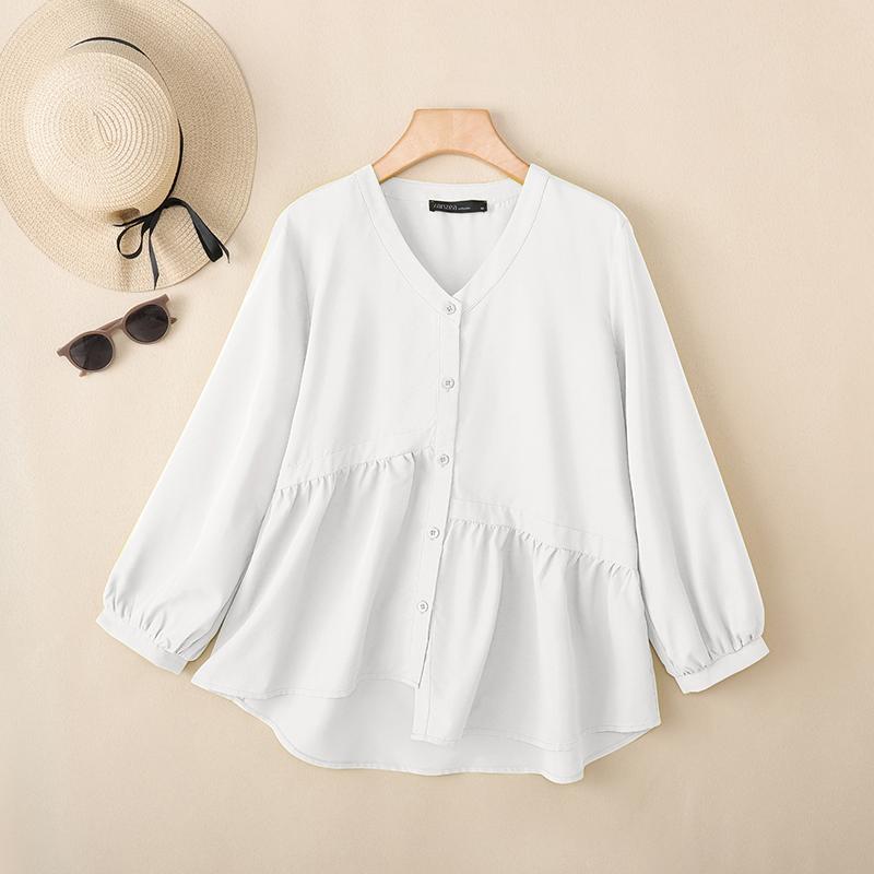 ZANZEA Женская повседневная однотонная свободная блузка с V-образным вырезом и длинным рукавом