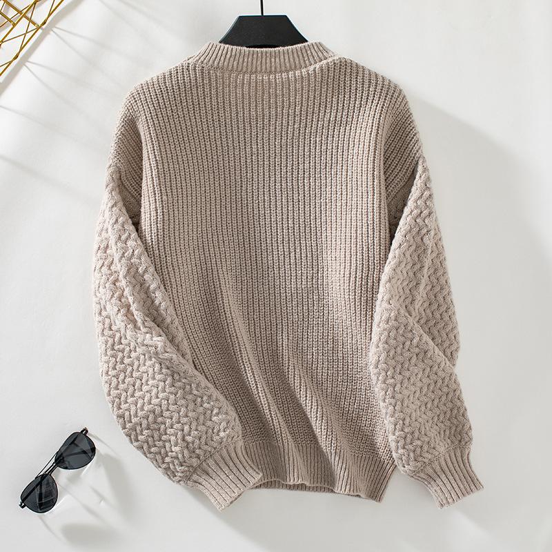Осень-зима Винтажный свободный топ с длинными рукавами Однотонный пуловер Трикотажный свитер с круглым вырезом