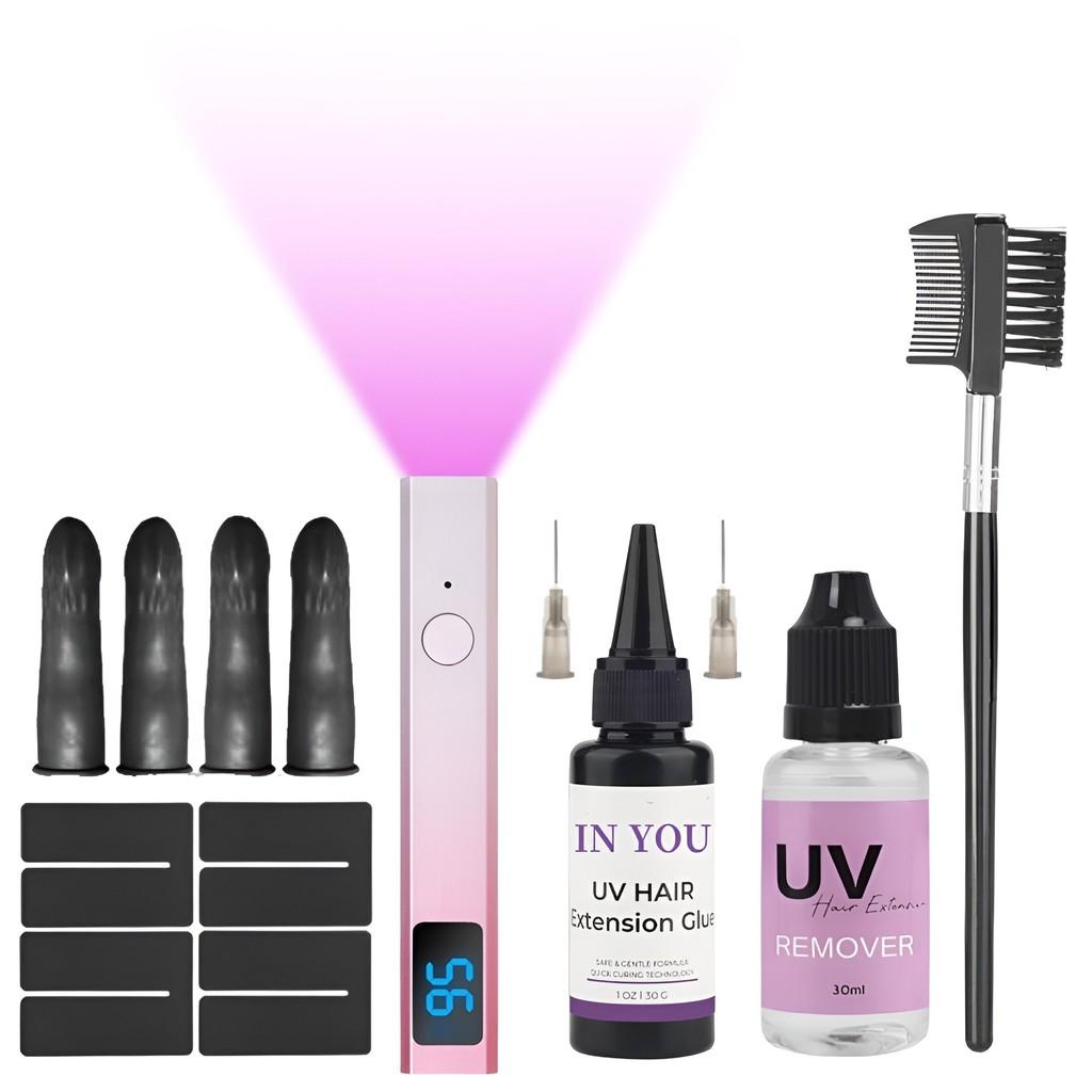 Professional UV Hair Extension Kit: UV Light Machine + Glue + Comb & Remover,Salon System for Fast Seamless Bonds - Complete Tool Set
