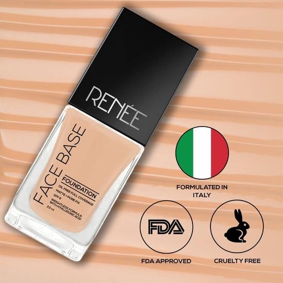 RENEE Face Base Liquid Foundation - Mocha, 23ml | Enriched with Hyaluronic Acid & Vitamin E, Provides SPF 8 Protection