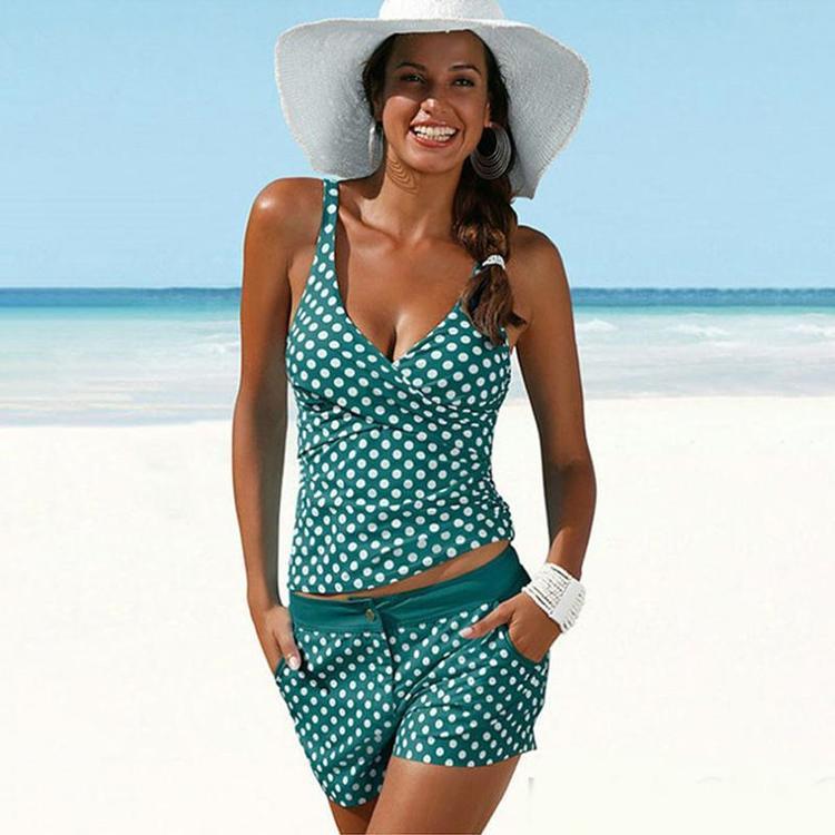 Polka Dot Printed Women Vest Tankini Set Ladies Summer Swimwear