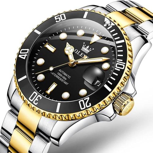 OLEVS Men's Mechanical Watch Automatic Manual Winding Arm Clock Waterproof Luminous Date Stainless Steel Present Watch for Man Black