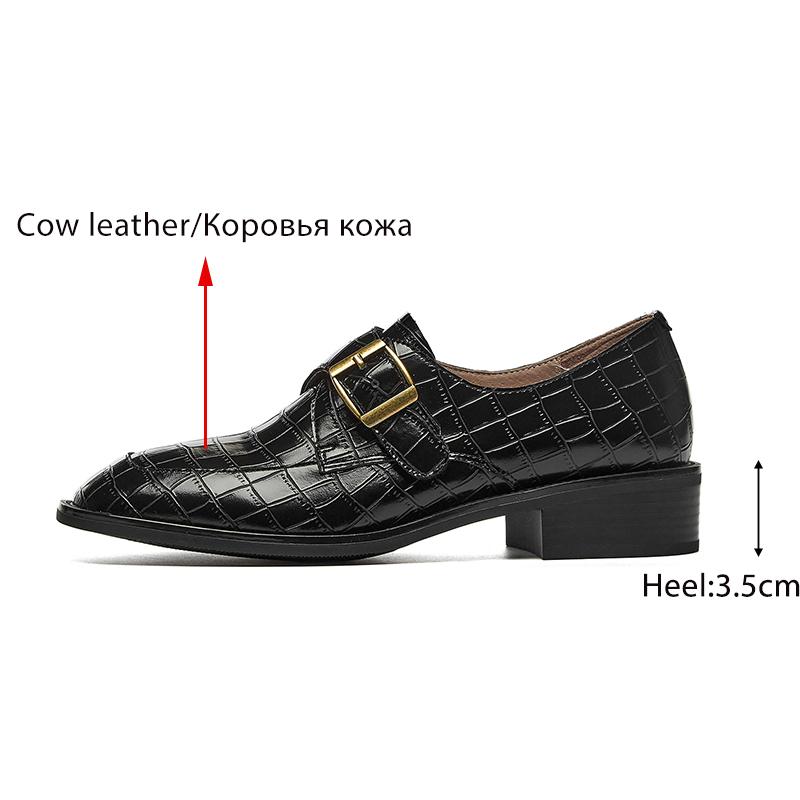 Genuine Leather Women 'S Shoes Fashion Buckle Stone Pattern Slip -On Loafers Round Toe Thick Heel Handmade Shoes Woman Size 34 -40