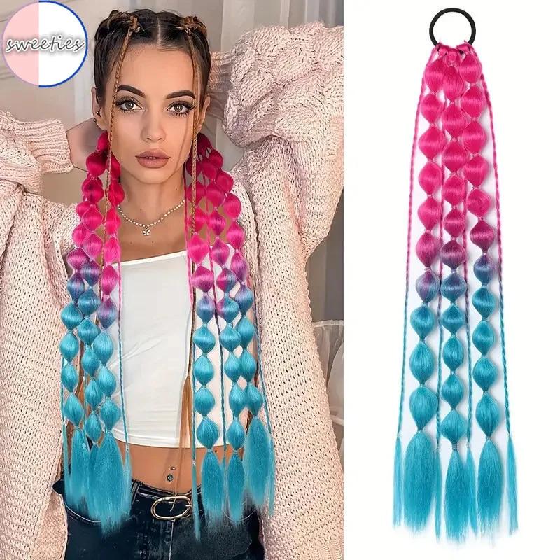 60СМ Цветная Коса-пузырь Синтетический Парик Модный Хип-хоп Цветной Градиент Женский Парик Имитация Натуральных Высокотемпературных Шелковых Волос