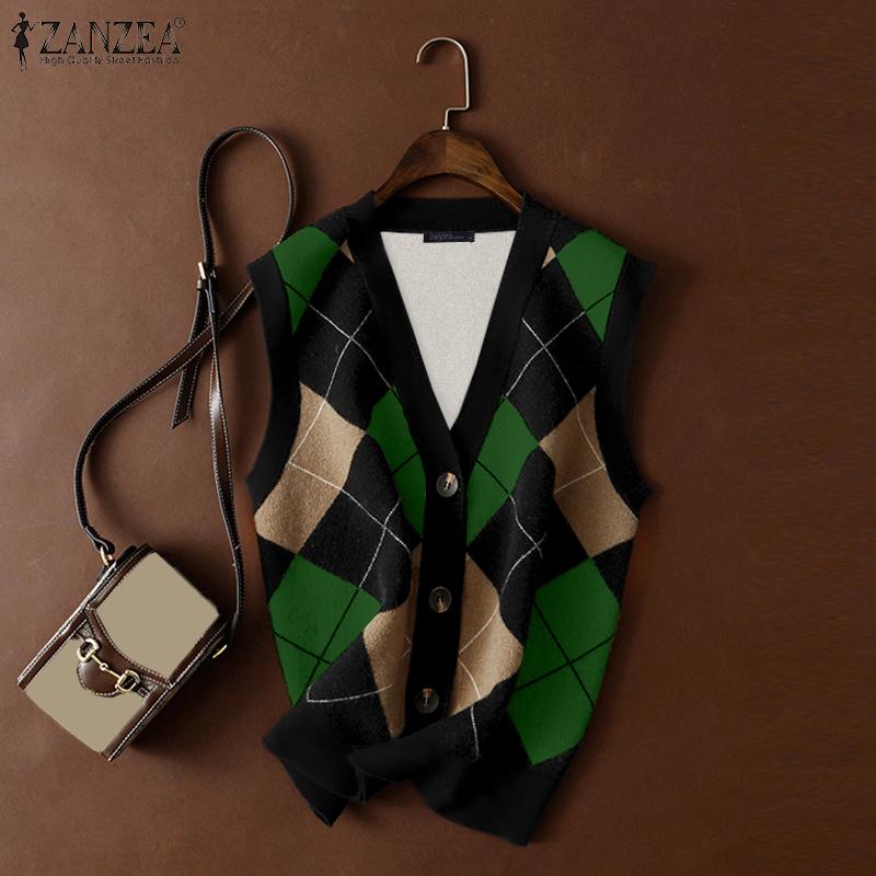 ZANZEA Женские осенние вязаные жилеты с круглым вырезом без рукавов в контрастную клетку