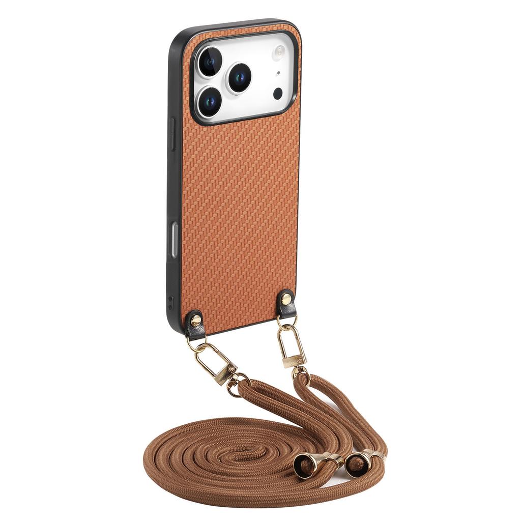 For iPhone 17 Pro Case Carbon Fiber Texture PU+PC+TPU Anti Drop Phone Cover with Crossbody Lanyard