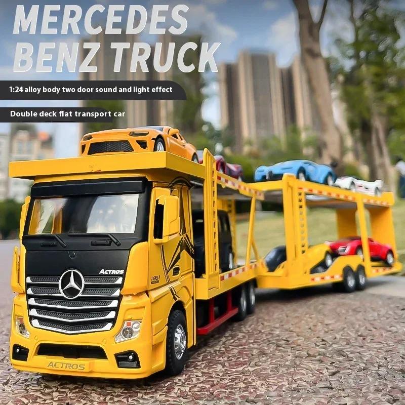 1:24 Mercedes Benz Double Decker Flatbed Transport Vehicle Alloy Diecast Metal Car Model Sound And Light Science Education Serie