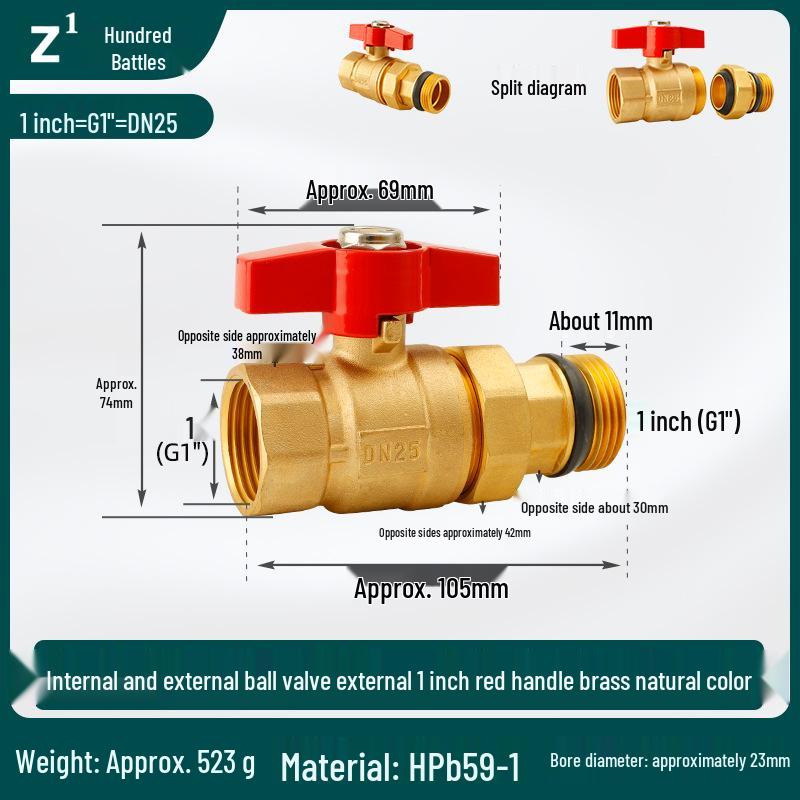 1-Inch Full Copper Quick Connect Ball Valve, Male/Female, Thickened DN25, for Underfloor Heating and Water Pipes.
