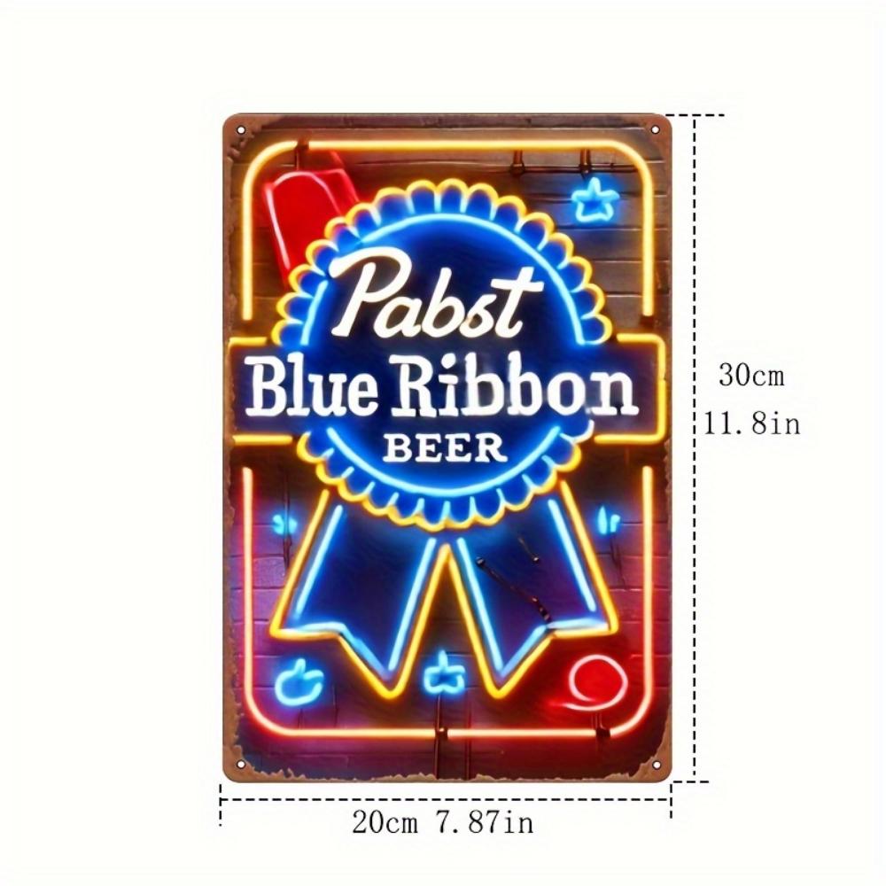 Винтажная неоновая вывеска пива Pabst Blue Ribbon Ретро металлический настенный декор с 2D неоновым эффектом Идеально для мужской пещеры, гаража, ностальгический декор