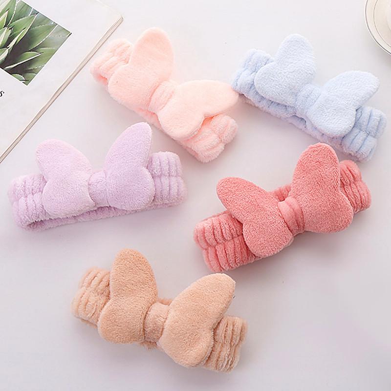 Butterfly Hair Bands for Women Solid Coral Fleece Elastic Bow Headband Soft Wash Face Head Band Cute Girls Accessories Headwrap