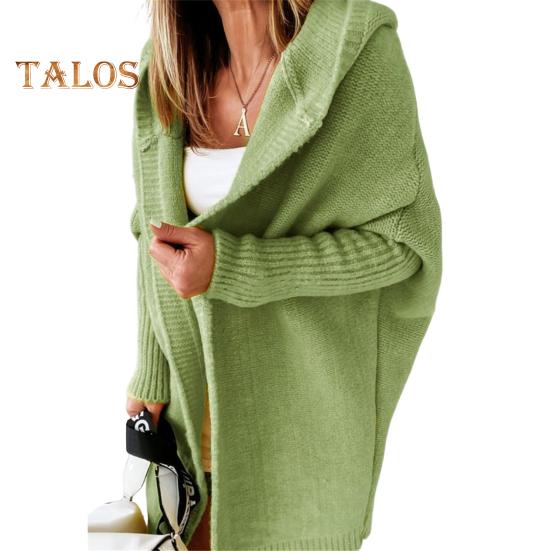 Женский свитер, пальто с капюшоном, длинный рукав, ребристые манжеты, открытая передняя часть, вязаное пальто, однотонный свитер средней длины, кардиган