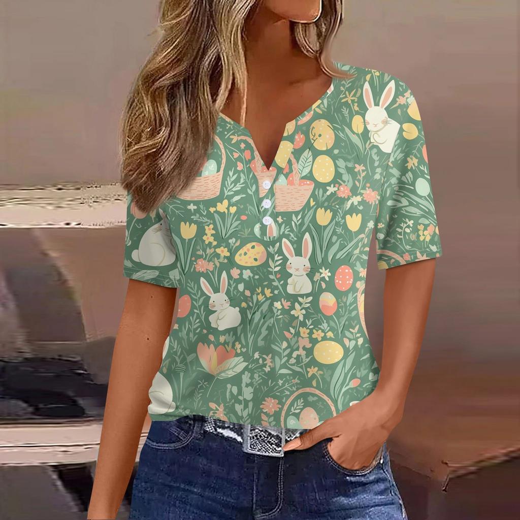 Women's T Shirt Print Button Short Sleeve Daily Weekend Fashion Basic V-Neck Regular Top