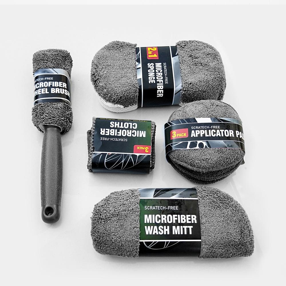 9-piece car wash and cleaning set, including a chenille car wash glove, a wax applicator, a wheel brush and a car detailing tool set