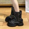 Модные парусиновые ботильоны женские 2024 осень массивный каблук толстые подошвы платформы сапоги дышащие ковбойские сапоги до середины икры для женщин