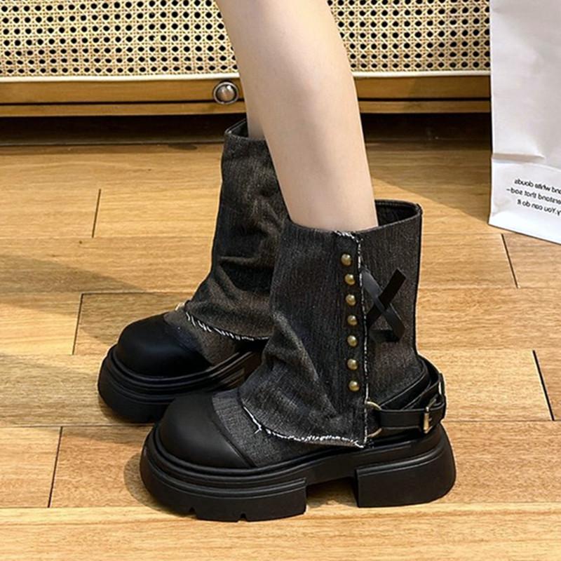 Модные парусиновые ботильоны женские 2024 осень массивный каблук толстые подошвы платформы сапоги дышащие ковбойские сапоги до середины икры для женщин