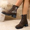 Vintage Embroidered Mid-heel Martin Boots Women's Fall 2025 New Plus-size Block Heel Side Zipper Booties