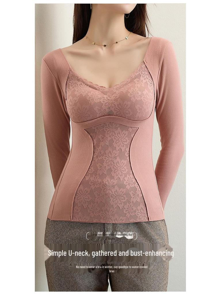 Женский двухсторонний термотоп из немецкого бархата: Бесшовная, утолщенная, самонагревающаяся, с подкладкой на груди, теплая рубашка с длинным рукавом для осени