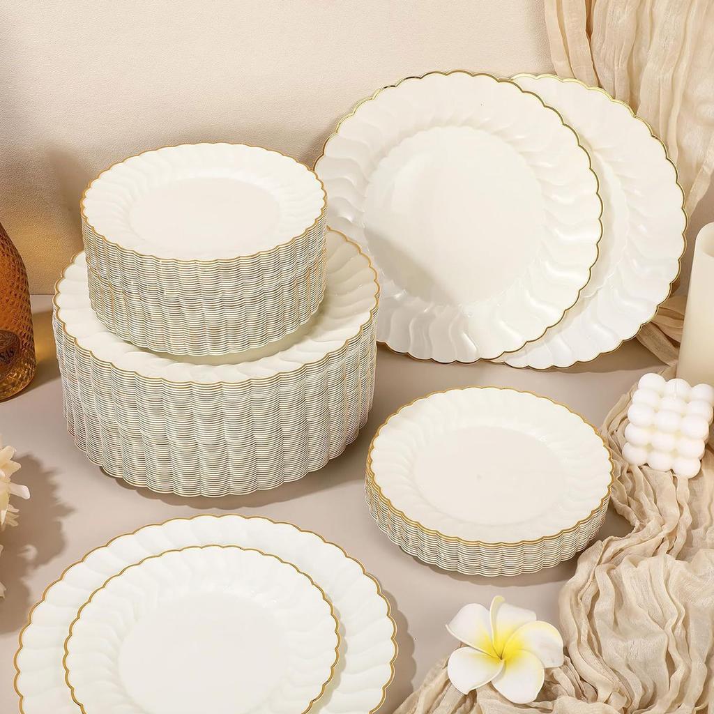 Beige Plate With Gold Border, Disposable Lace Plastic Plate, Disposable Tableware For Weddings And Parties, High-end Dining Plate