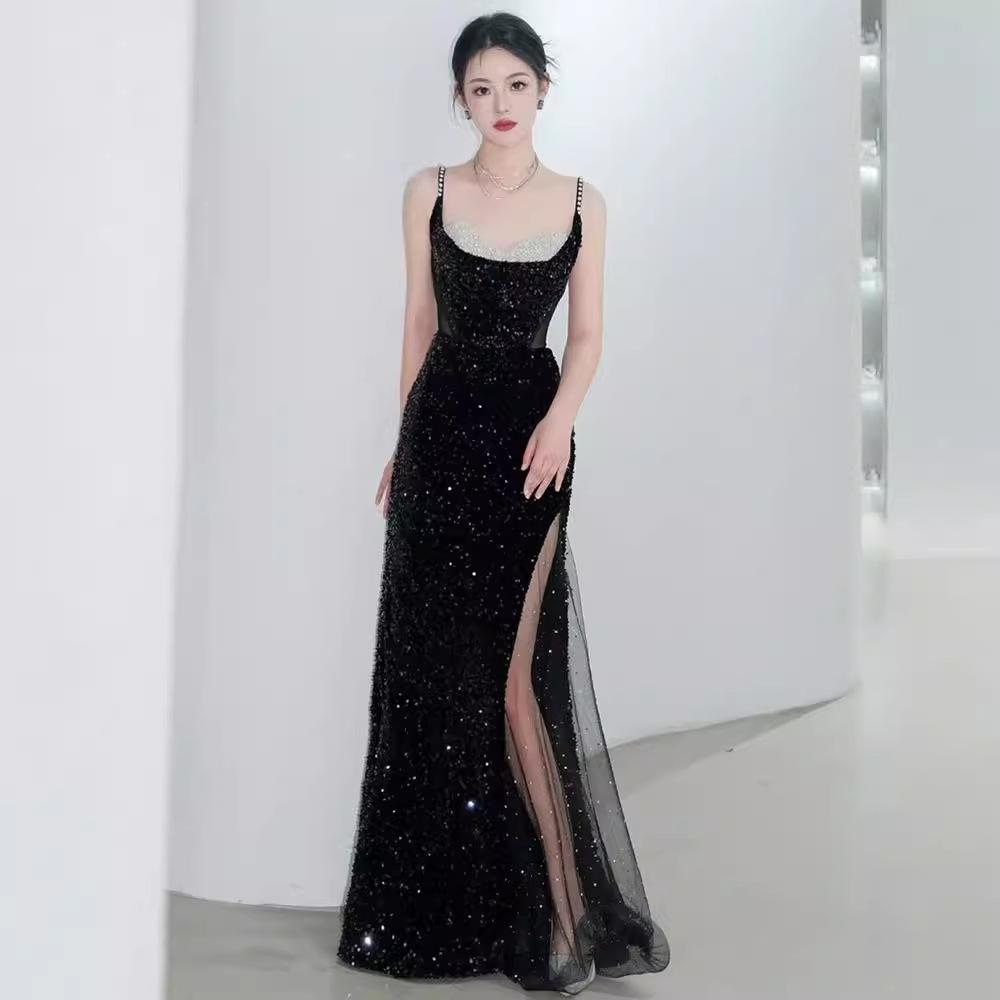 Suspender Toast Bride Wedding Return Girl Summer Style Sequin Engagement Dress French Evening Dress Burgundy
