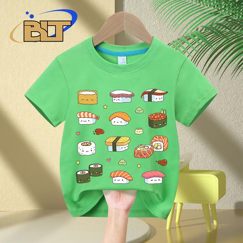 Kawaii Japanese Sushi printed kids Tshirt summer pure cotton shortsleeved casual tops for boys and girls
