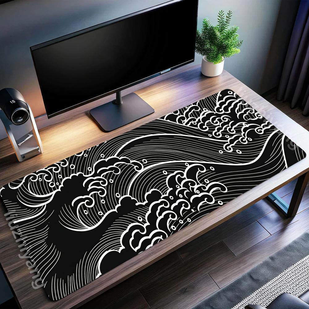 Black And White Japanese Waves Mouse Pad Gamer XL Custom Home HD Mousepad XXL keyboard pad Office Non-Slip Computer Mouse Mats