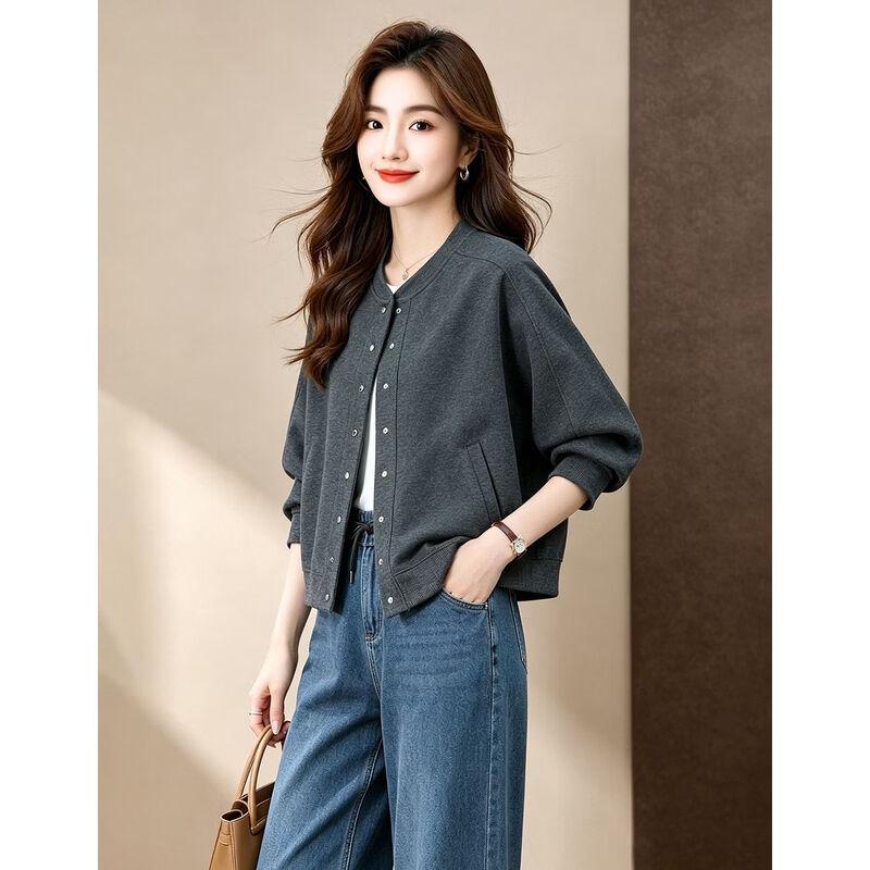 D.F.DEAR Women's Casual Crew Neck Button-Up Cropped Jacket