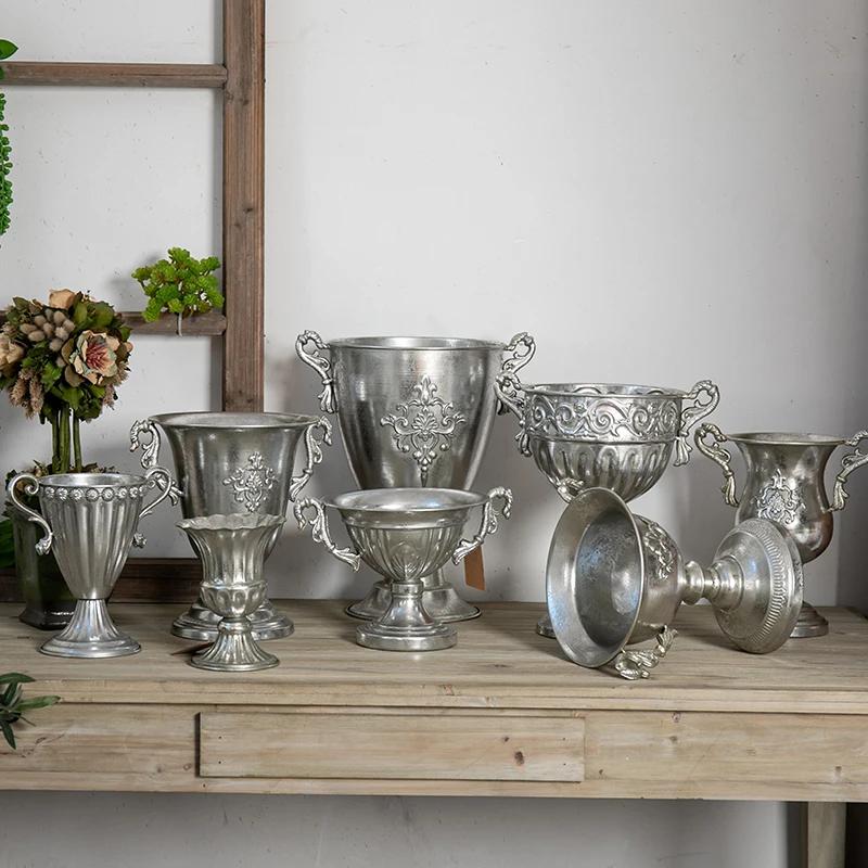Vintage Classic Silver Iron Flower Vase Decoration Home Room Table Flowerpot Ornaments Office Store Flower Arrangement Crafts
