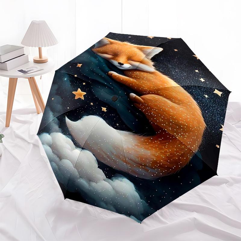 1pc Sleeping Fox in Starry Sky Umbrella with Plastic Handle,Vibrant Cartoon Pattern,Multi-functional UmbrellaPT225
