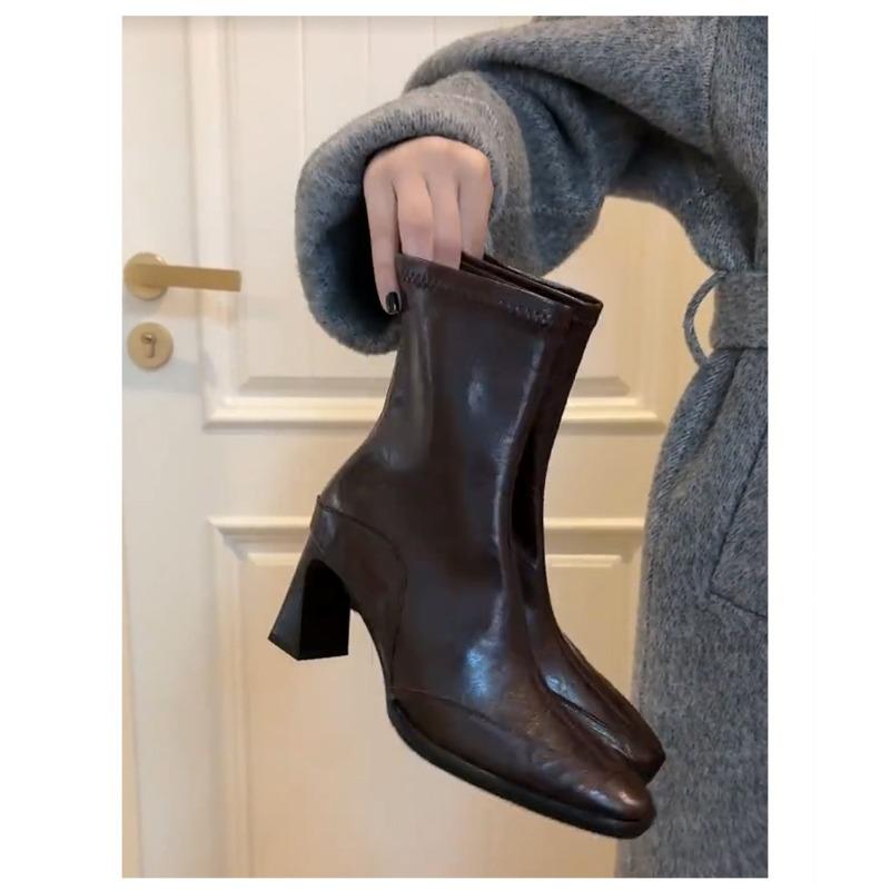 Short Boots Women's High Heels, Autumn and Winter New Thick Heel Square Head Thin Boots Versatile Retro Style Brown Short Boots