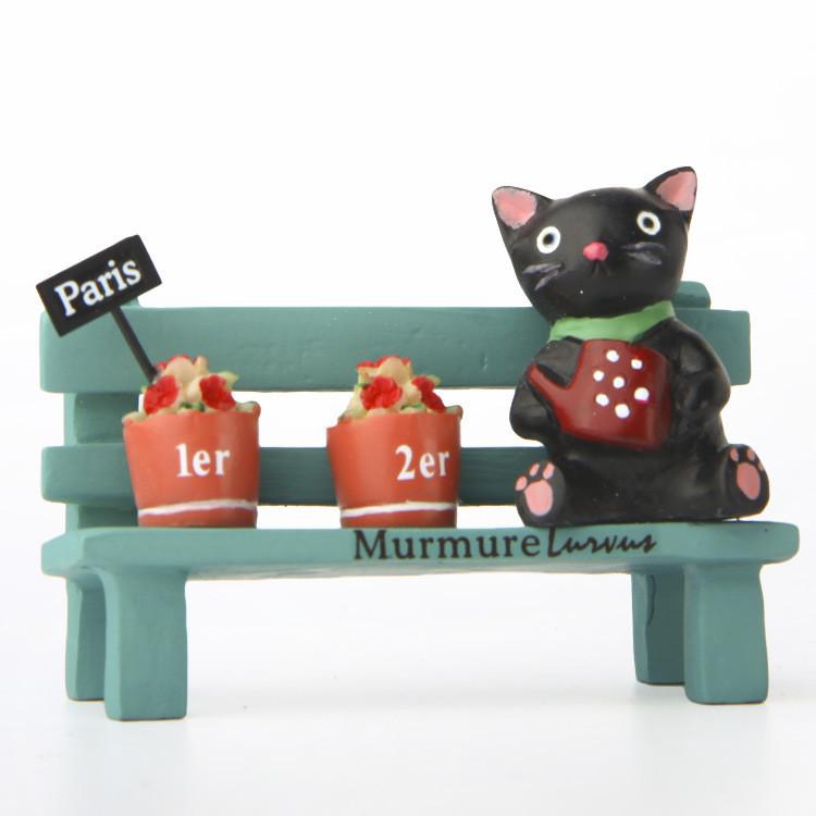 Cute Black Cat Sitting On Bench Watering Flowers Ornament With Mini Garden For Home Decor And Gift Giving