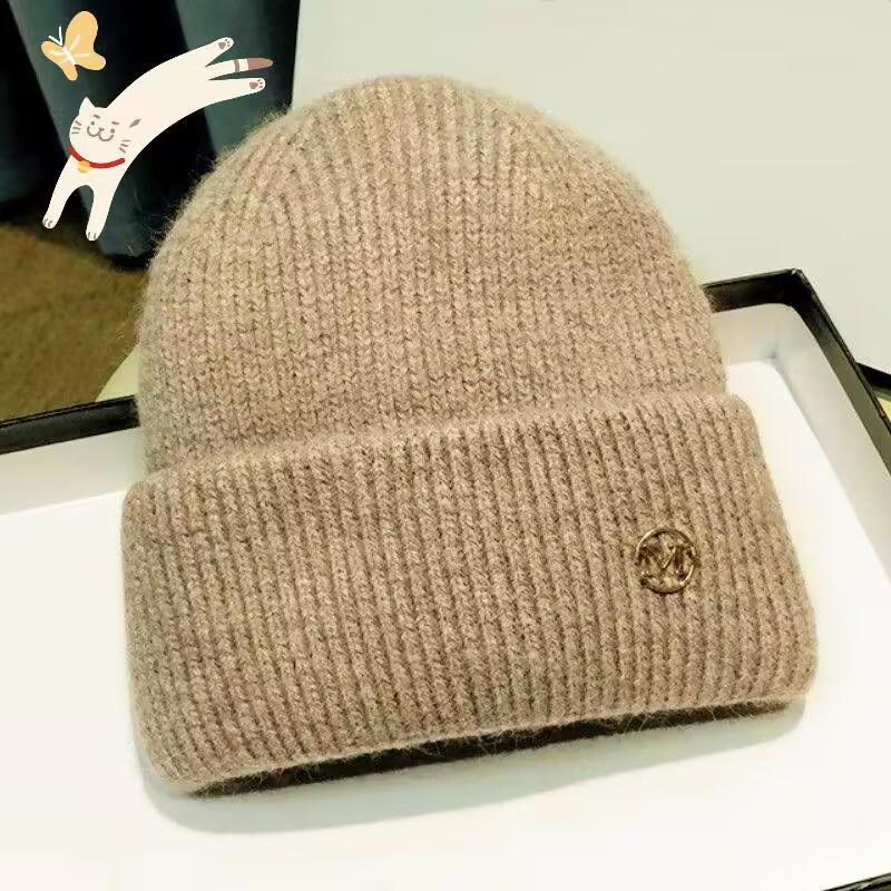 Зимняя вязаная шерстяная шапка 2024 года с бархатной подкладкой — теплые, модные и универсальные наушники для большой окружности головы