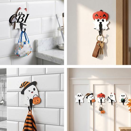Adhesive Wall Hanger for Masks Halloween Themed Hook, Decorative Ghost Pattern Key Hanger, Self Hooks Keys Backing Wood Base Hook Bathroom Entryway