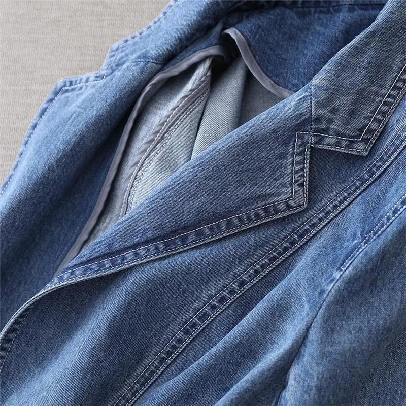 Женская джинсовая куртка весна-осень, однотонная куртка с лацканами, куртка средней длины с длинными рукавами и карманами