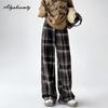Корейские модные осенне-зимние женские теплые шерстяные брюки с высокой талией, черные кофейные клетчатые широкие брюки, винтажные толстые шерстяные прямые брюки