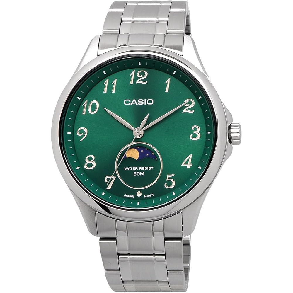 Casio Standard Moon Phase Analog Men's Watch MTP-M110D-3AV Round Face Metal Band Green