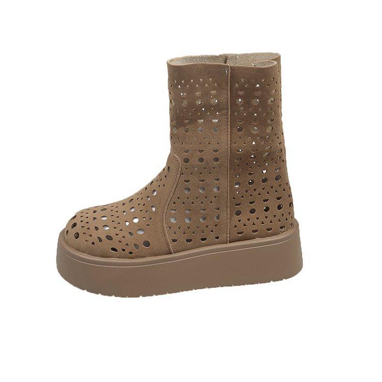 Модные Горячие Продажи Женские 2025 Новые Летние Замшевые Винтажные С Перфорацией Женские Ботильоны Нескользящие Модные Дышащие Ботинки на Платформе