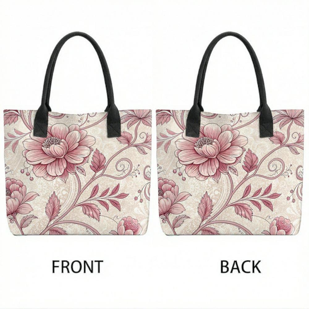 Pink Floral Tote Bag Large Capacity Reusable Fashion Shopping Handbag for Daily Use