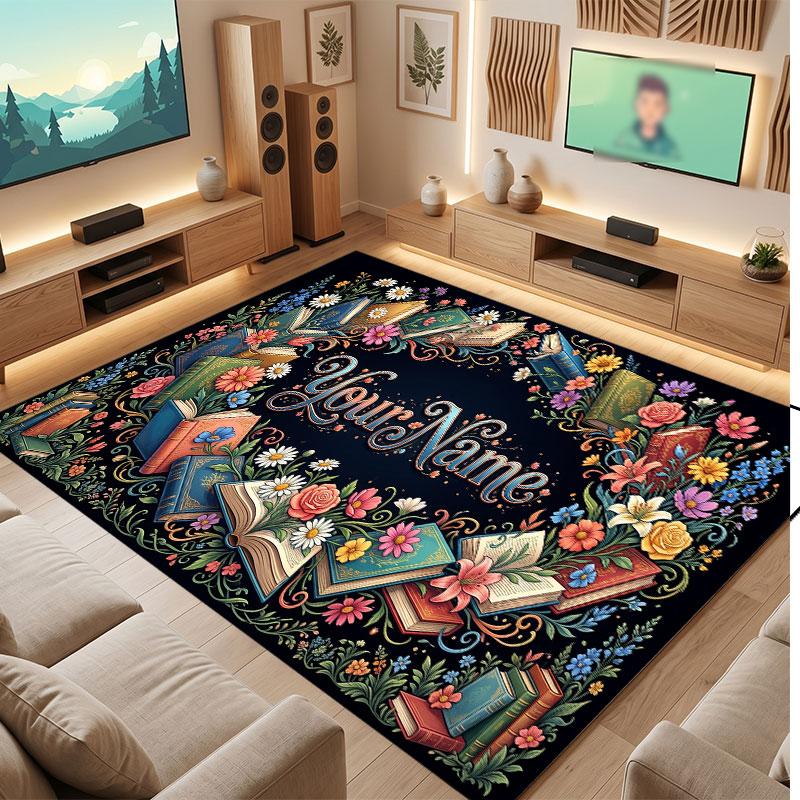 Floral Garden Theme Crystal Velvet Floor Rug Personalized Custom Name Text Warm Carpet Home Decoration