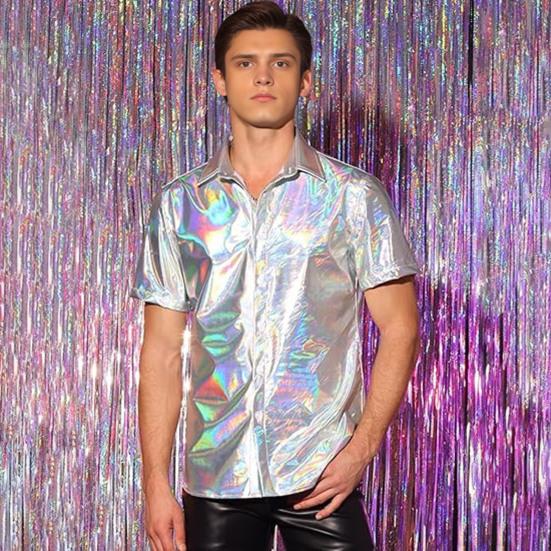 Мужская блестящая металлическая рубашка с коротким рукавом, рубашка с лацканами на пуговицах, сверкающая диско