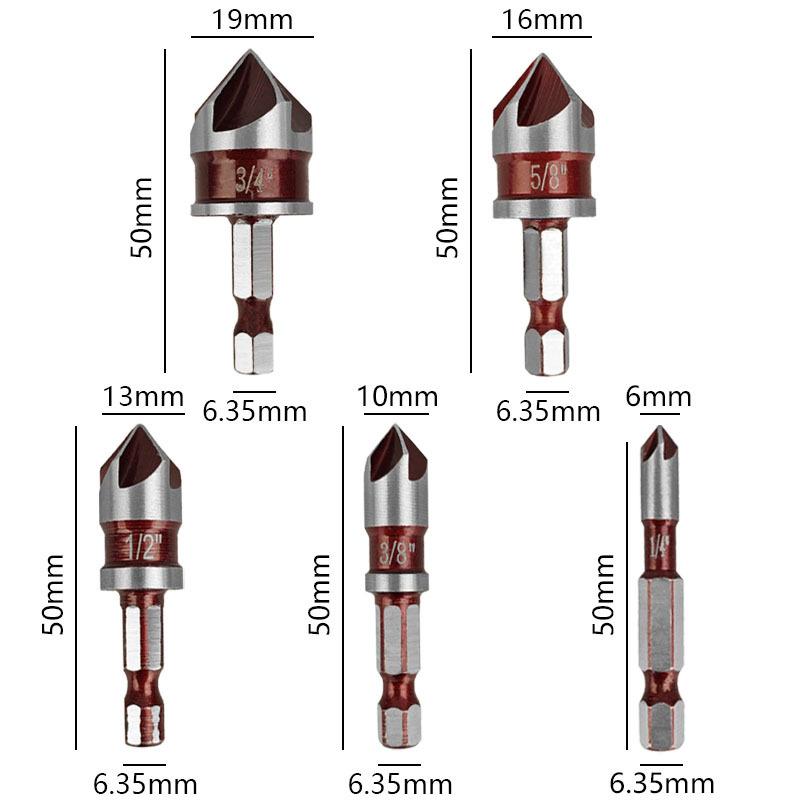 5 шт./набор 1/2"1/4" 3/8" 3/4"5/8" Зенковочное сверло Шестигранный хвостовик Фреза Резак для отверстий Дерево Металл Пластик Инструменты для снятия фаски