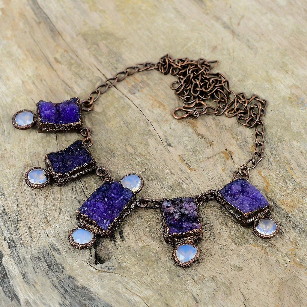 Purple Druzy Gemstone Necklace Electroformed Copper Necklace Adjustable Chain Necklace Handmade Electroformed Jewelry Milky Opal Necklace