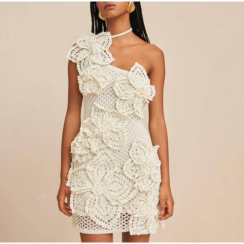 Knitted 3D Flowers Single Shoulder Women Mini Dress Slim Halter Beach Summer Holiday Female Short Robes