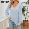 Autumn Women's V-neck Lace Loose Pit Strip Frosted Loose Long Sleeve T-shirt